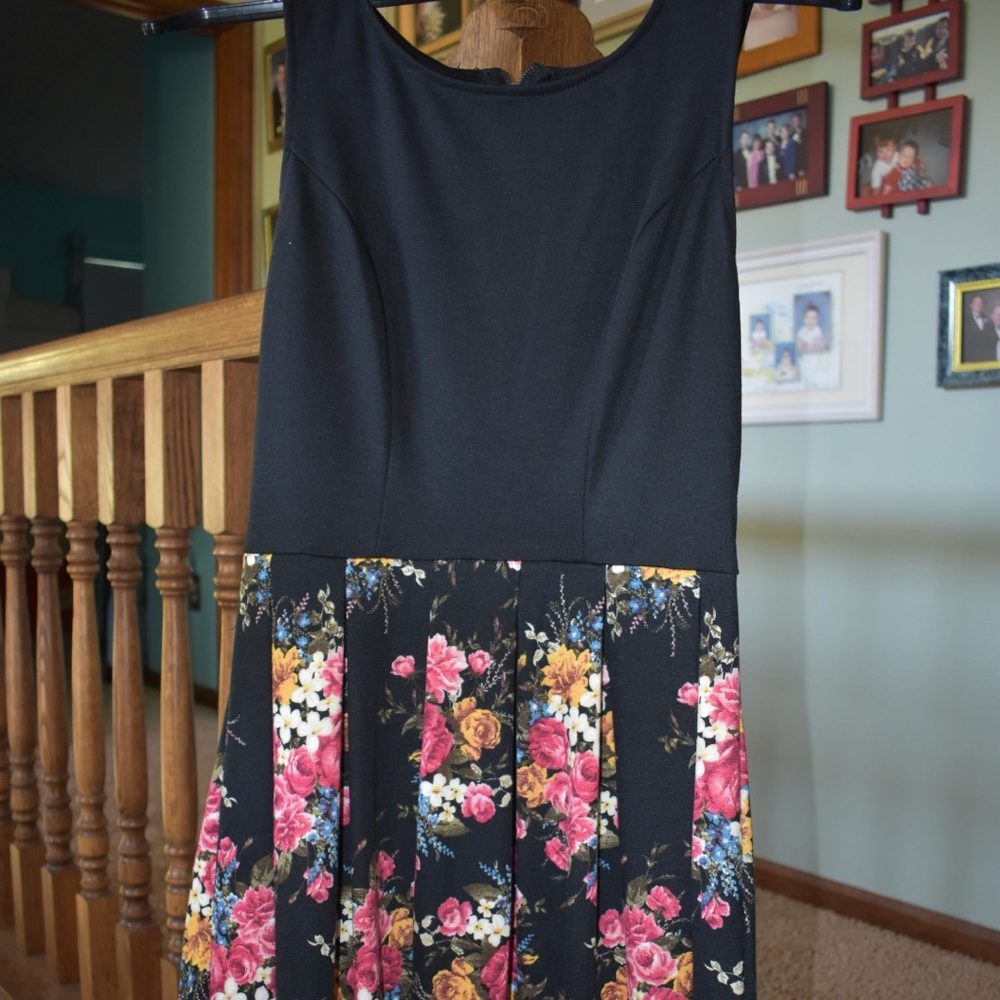 Black dress with floral pattern and zip up back